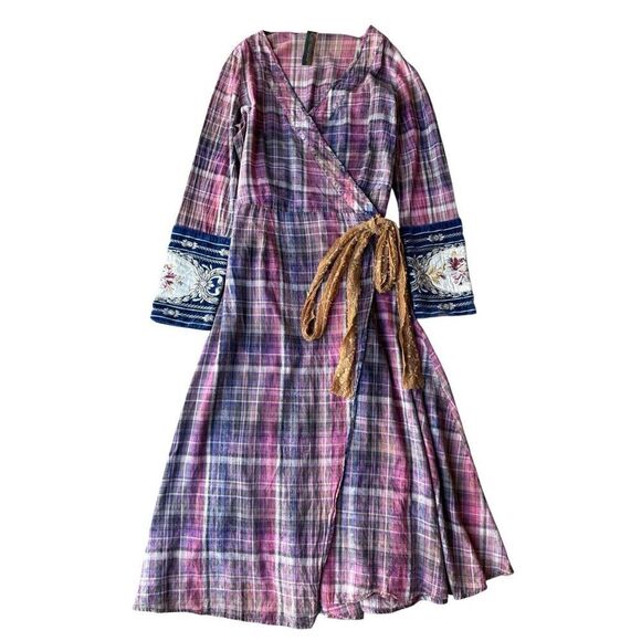 Aratta Silent Journey Boho Plaid Purple Pink Wrap Dress Size XS - Picture 7 of 12